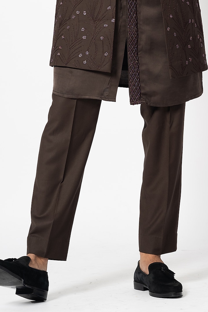 Chocolate Brown Suiting Embroidered Wedding Indowestern Set by YOSEBA at Pernia's Pop Up Shop