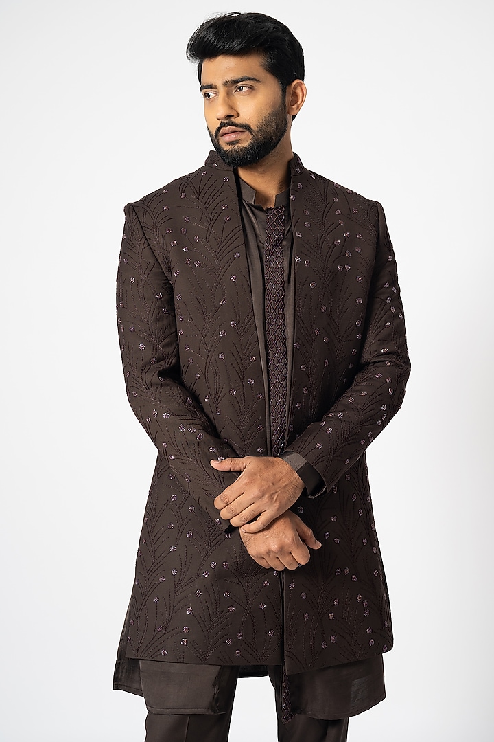 Chocolate Brown Suiting Embroidered Wedding Indowestern Set by YOSEBA at Pernia's Pop Up Shop