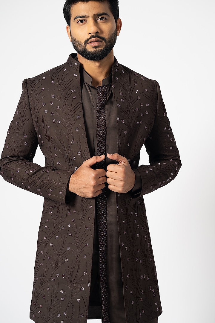 Chocolate Brown Suiting Embroidered Wedding Indowestern Set by YOSEBA at Pernia's Pop Up Shop