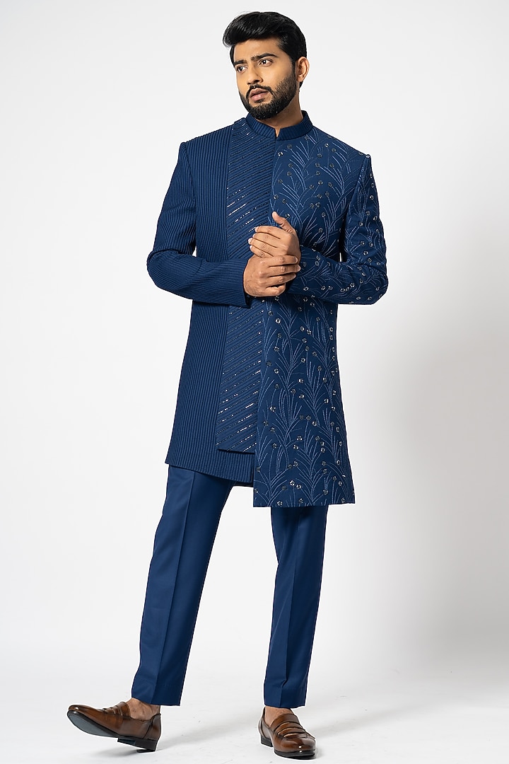 Ultramarine Blue Suiting Embellished Achkan Jacket Set by YOSEBA at Pernia's Pop Up Shop