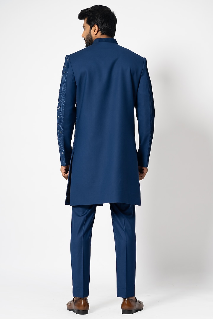 Ultramarine Blue Suiting Embellished Achkan Jacket Set by YOSEBA at Pernia's Pop Up Shop