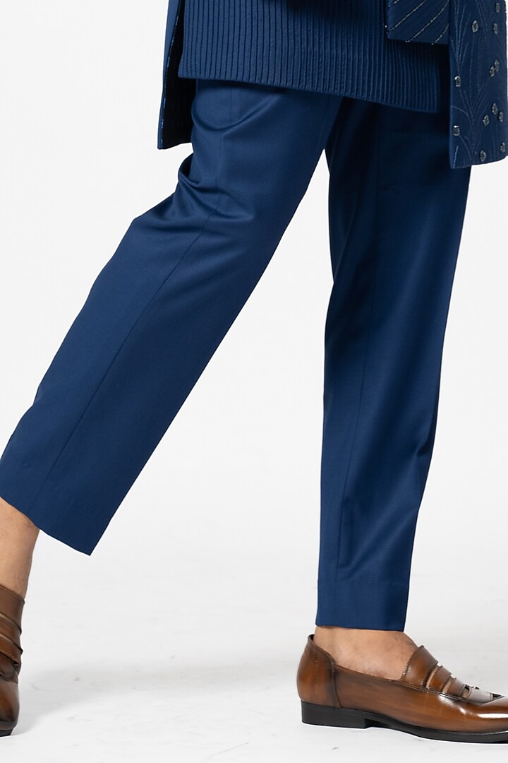 Ultramarine Blue Suiting Embellished Achkan Jacket Set by YOSEBA at Pernia's Pop Up Shop