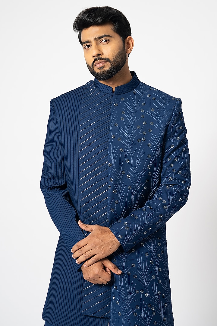 Ultramarine Blue Suiting Embellished Achkan Jacket Set by YOSEBA at Pernia's Pop Up Shop