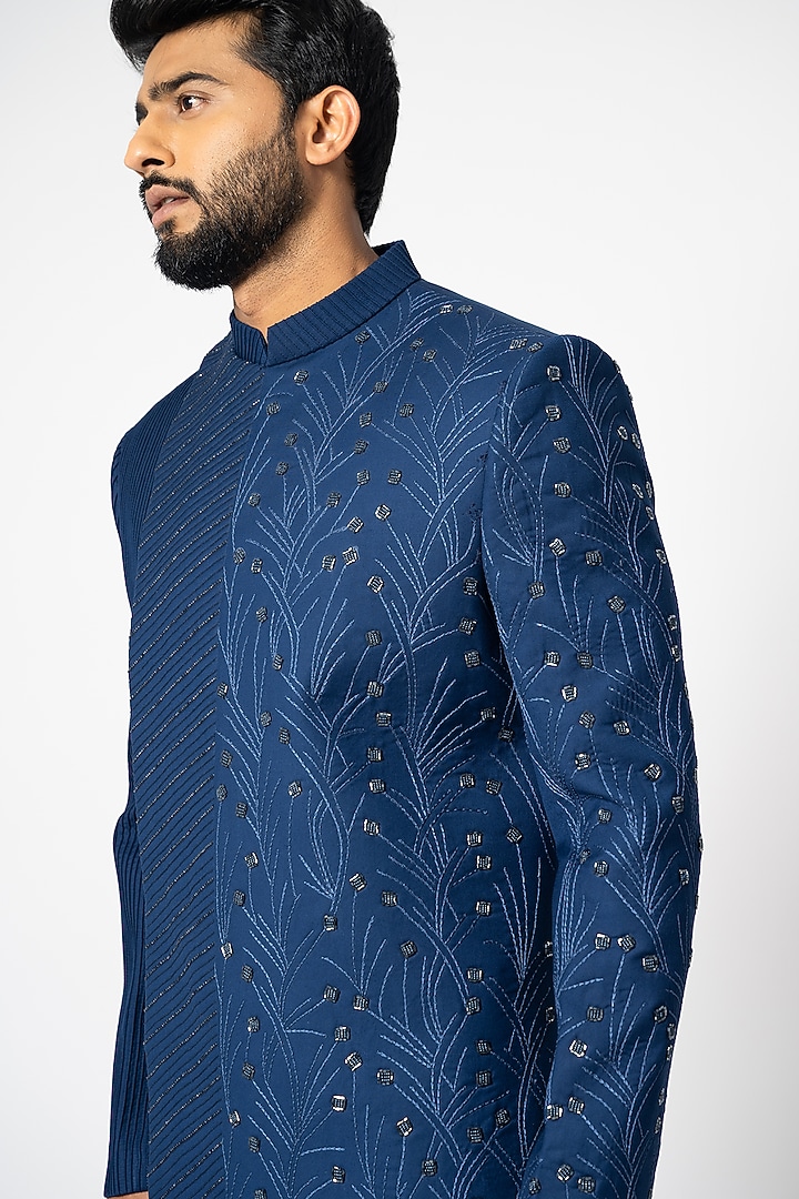 Ultramarine Blue Suiting Embellished Achkan Jacket Set by YOSEBA at Pernia's Pop Up Shop