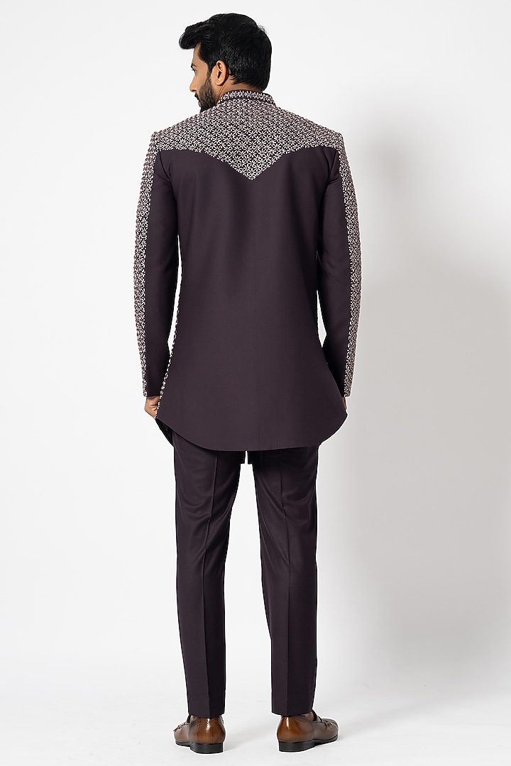 Wine Suiting Embroidered Achkan Jacket Set by YOSEBA at Pernia's Pop Up Shop