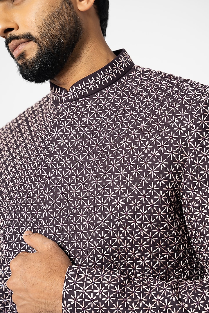 Wine Suiting Embroidered Achkan Jacket Set by YOSEBA at Pernia's Pop Up Shop