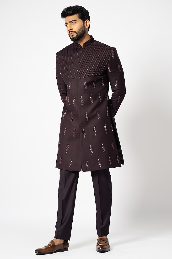 Dark Brown Suiting Embroidered Achkan Jacket Set by YOSEBA