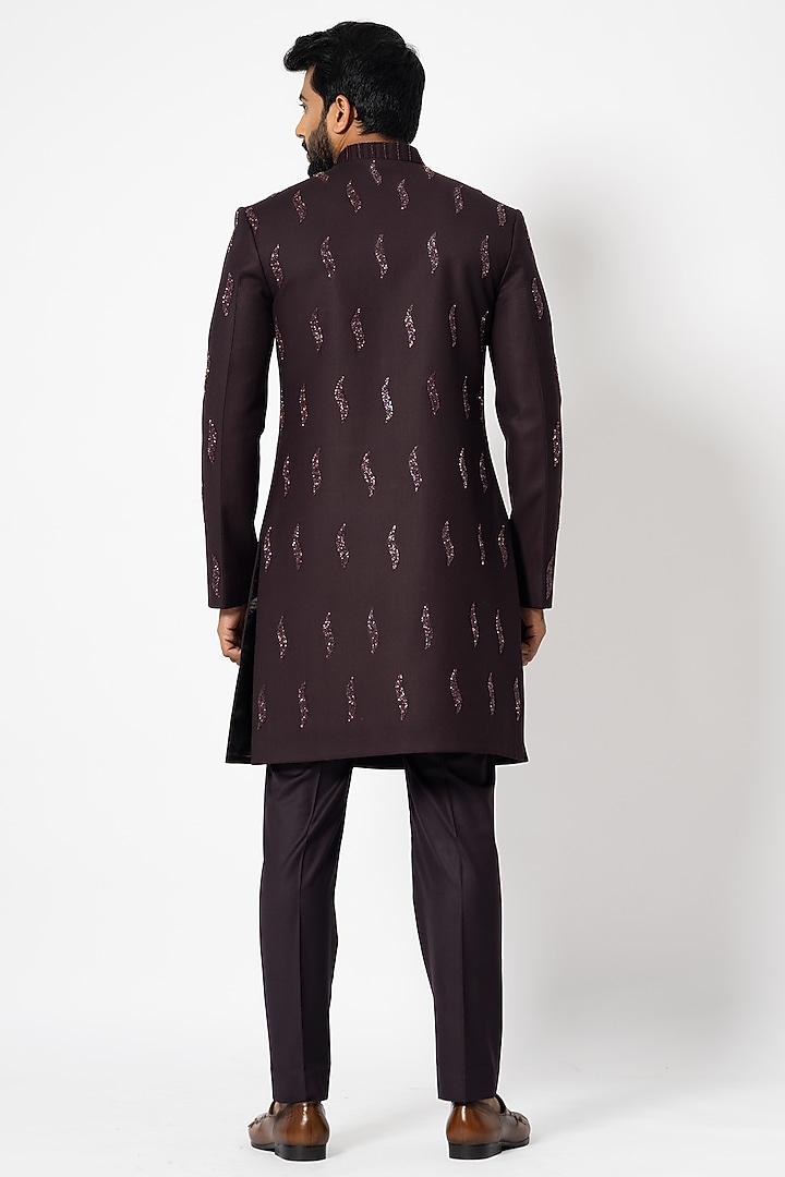 Dark Brown Suiting Embroidered Achkan Jacket Set by YOSEBA at Pernia's Pop Up Shop