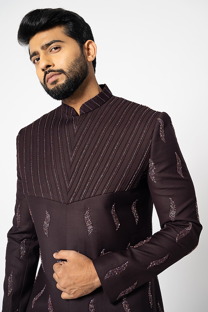 Dark Brown Suiting Embroidered Achkan Jacket Set by YOSEBA at Pernia's Pop Up Shop