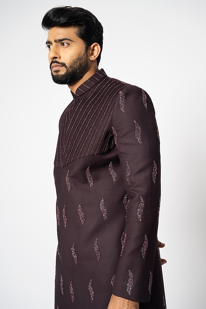 Dark Brown Suiting Embroidered Achkan Jacket Set by YOSEBA at Pernia's Pop Up Shop