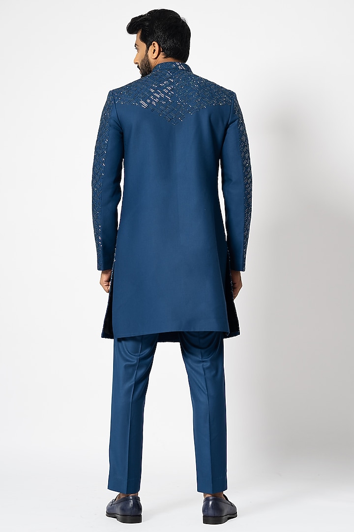 Blue Suiting Embroidered Wedding Sherwani Set by YOSEBA at Pernia's Pop Up Shop