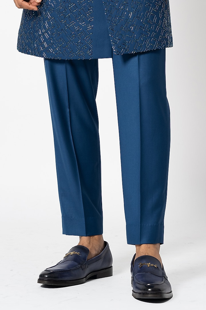 Blue Suiting Embroidered Wedding Sherwani Set by YOSEBA at Pernia's Pop Up Shop