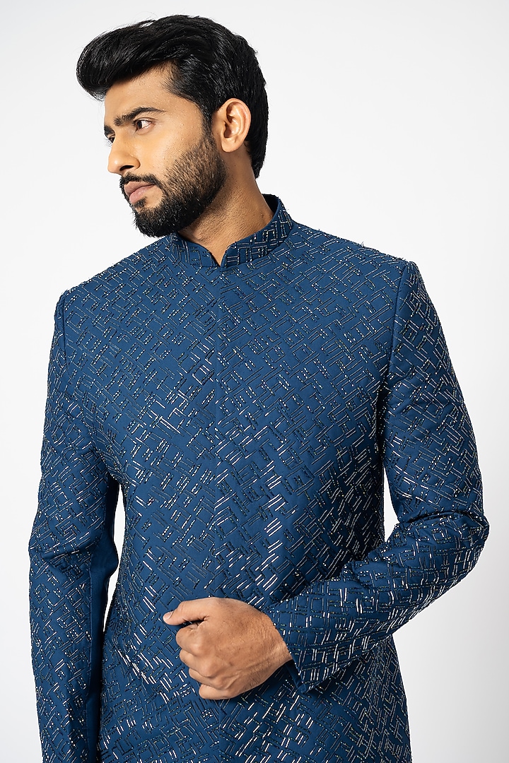 Blue Suiting Embroidered Wedding Sherwani Set by YOSEBA at Pernia's Pop Up Shop