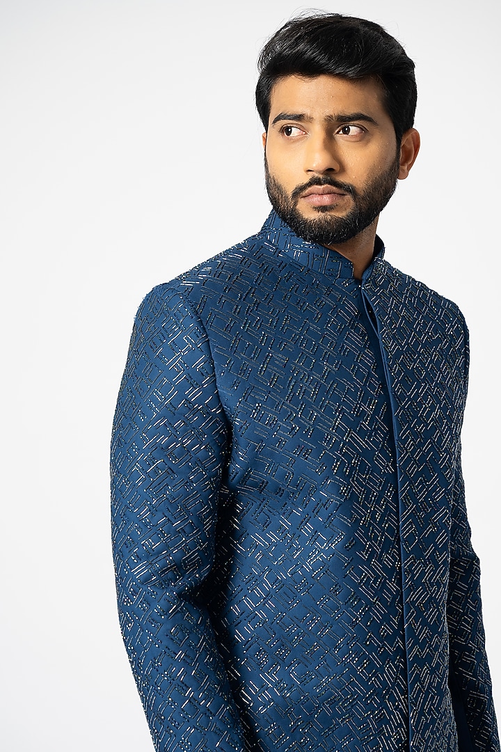 Blue Suiting Embroidered Wedding Sherwani Set by YOSEBA at Pernia's Pop Up Shop