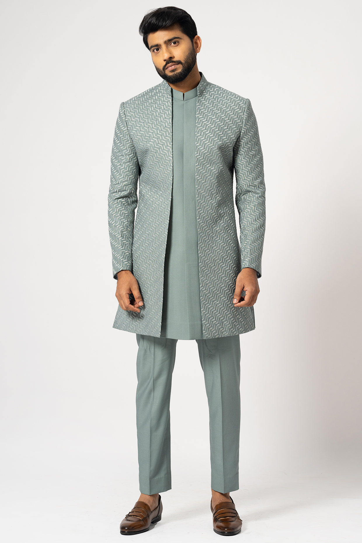 Dove Grey Suiting Achkan Jacket Set by YOSEBA at Pernia's Pop Up Shop