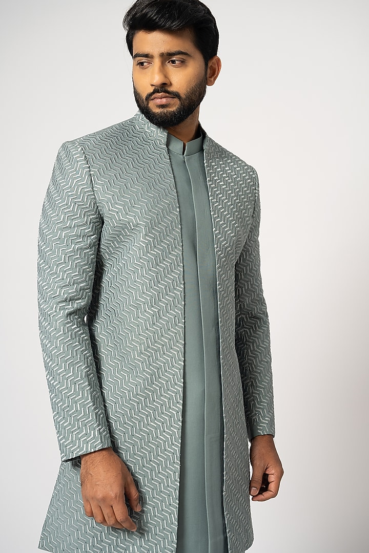 Dove Grey Suiting Achkan Jacket Set by YOSEBA at Pernia's Pop Up Shop