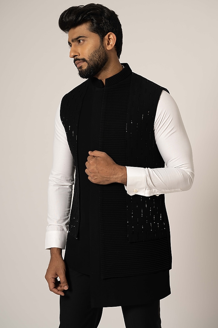 Black Stretch Embroidered Nehru Jacket by YOSEBA at Pernia's Pop Up Shop