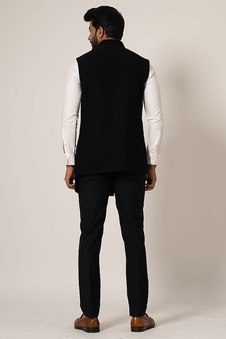Black Stretch Embroidered Nehru Jacket by YOSEBA at Pernia's Pop Up Shop