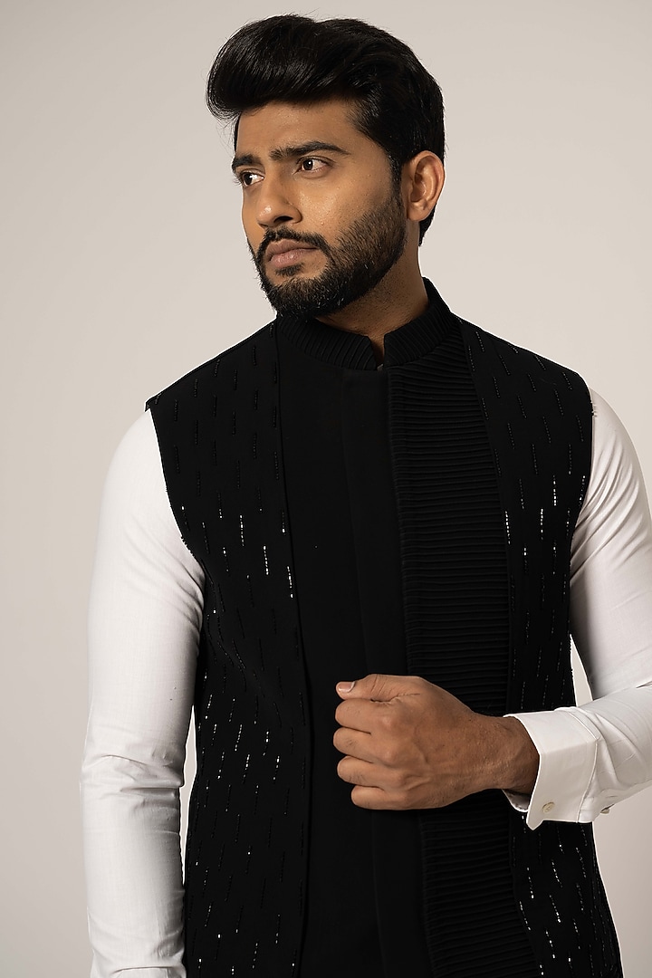 Black Stretch Embroidered Nehru Jacket by YOSEBA at Pernia's Pop Up Shop