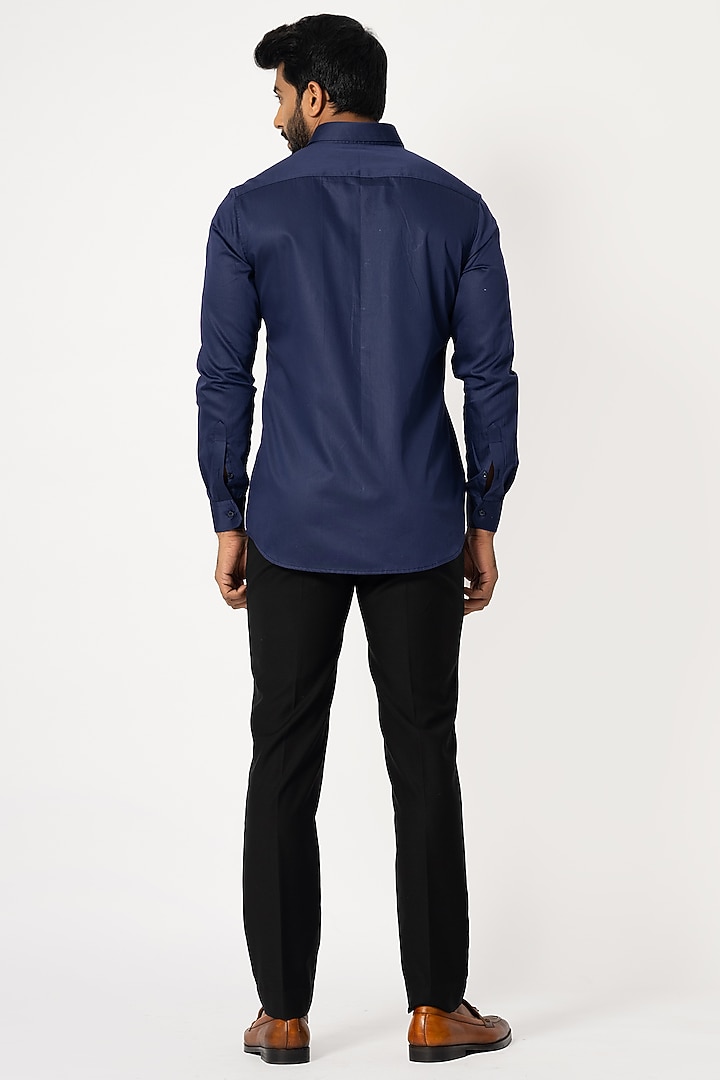 Denim Blue Cotton Embroidered Party Wear Shirt by YOSEBA at Pernia's Pop Up Shop