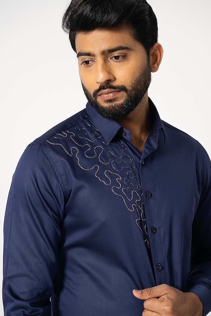 Denim Blue Cotton Embroidered Party Wear Shirt by YOSEBA at Pernia's Pop Up Shop