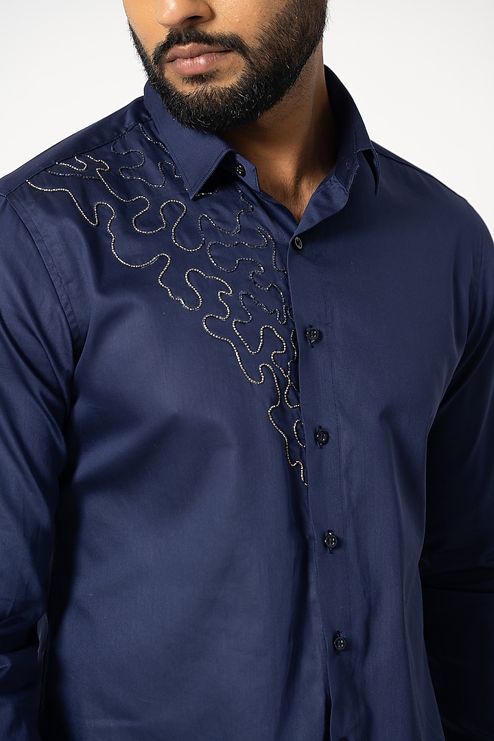 Denim Blue Cotton Embroidered Party Wear Shirt by YOSEBA at Pernia's Pop Up Shop