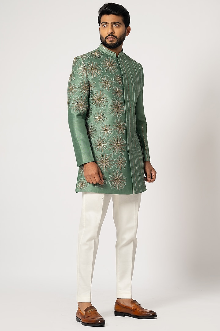 Fern Green Bam Silk Embroidered Achkan Jacket Set by YOSEBA at Pernia's Pop Up Shop