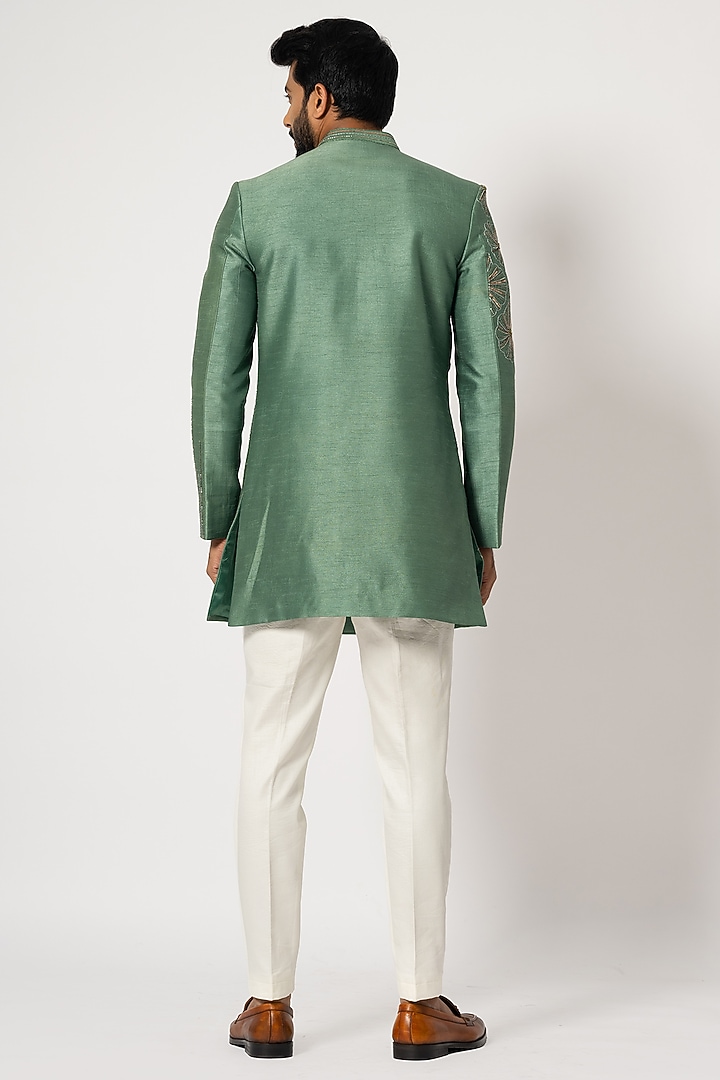 Fern Green Bam Silk Embroidered Achkan Jacket Set by YOSEBA at Pernia's Pop Up Shop