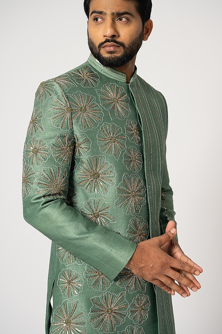 Fern Green Bam Silk Embroidered Achkan Jacket Set by YOSEBA at Pernia's Pop Up Shop