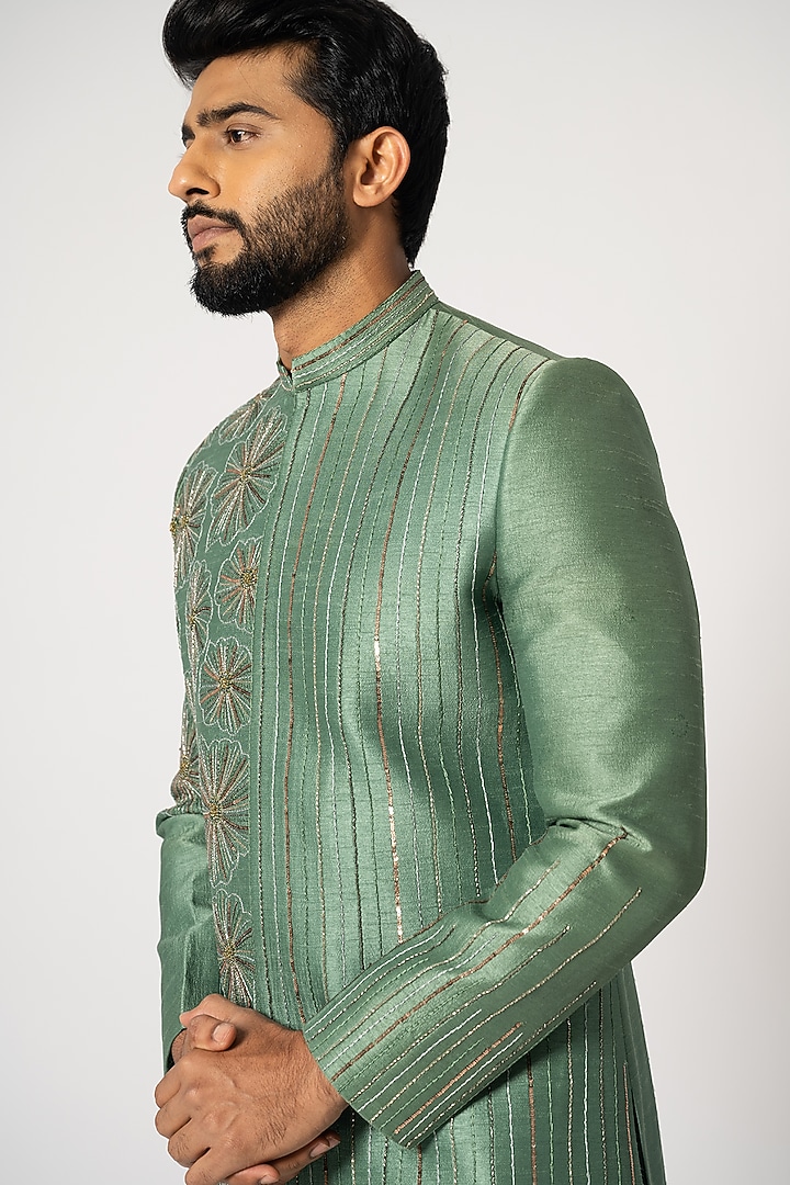 Fern Green Bam Silk Embroidered Achkan Jacket Set by YOSEBA at Pernia's Pop Up Shop