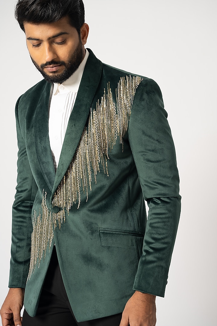 Green Velvet Embroidered Blazer Set by YOSEBA at Pernia's Pop Up Shop