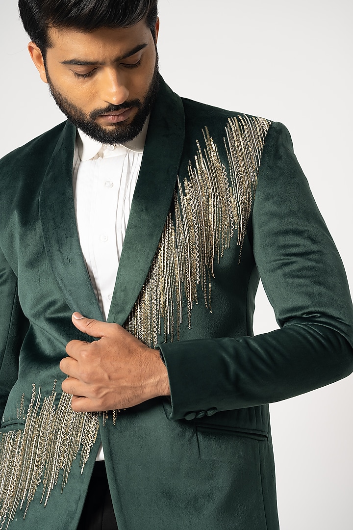 Green Velvet Embroidered Blazer Set by YOSEBA at Pernia's Pop Up Shop