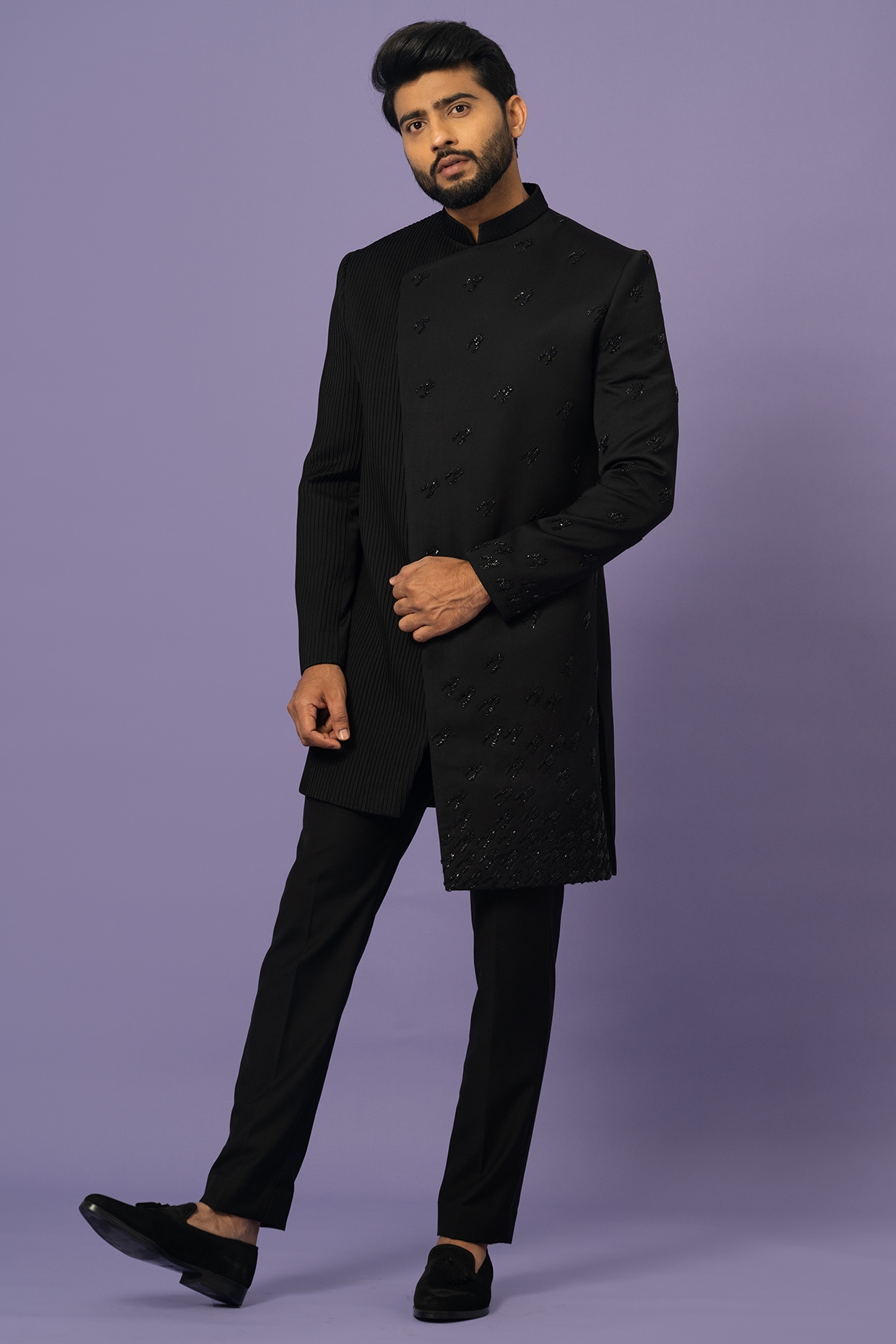 YOSEBA Black Suiting Achkan Jacket Set