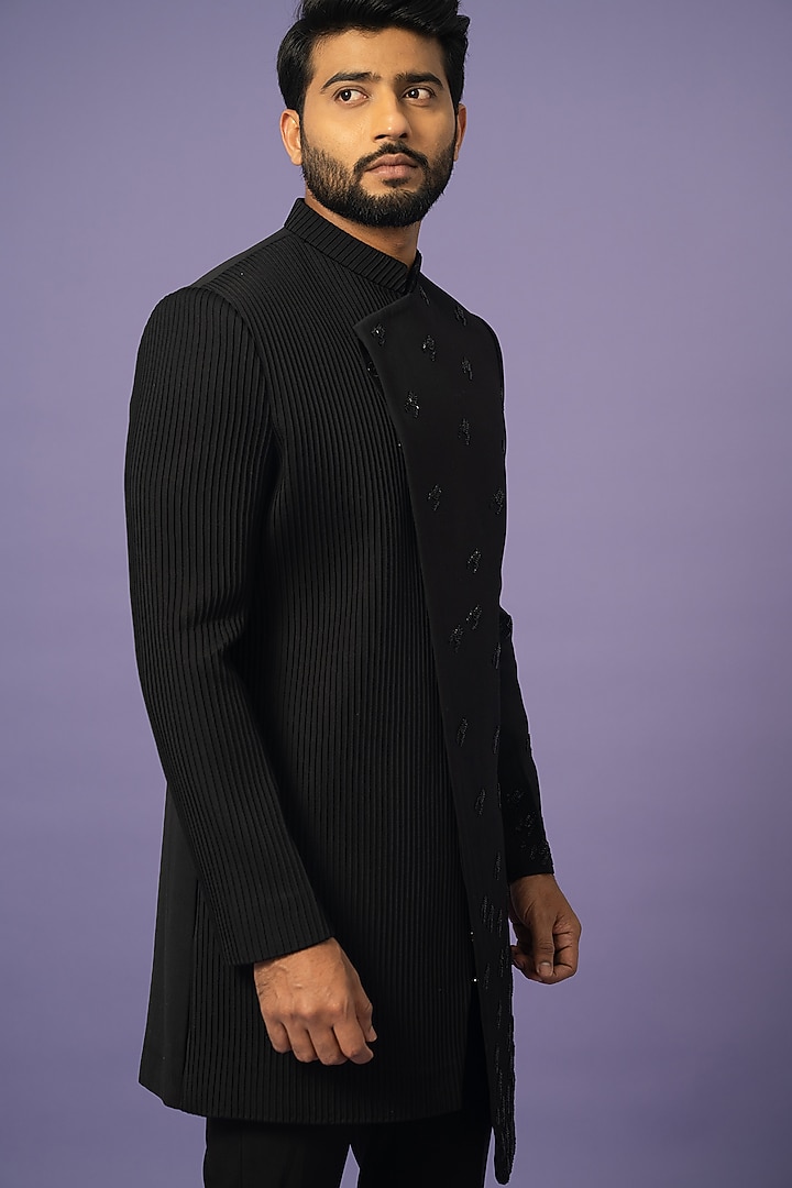 Black Suiting Achkan Jacket Set by YOSEBA at Pernia's Pop Up Shop