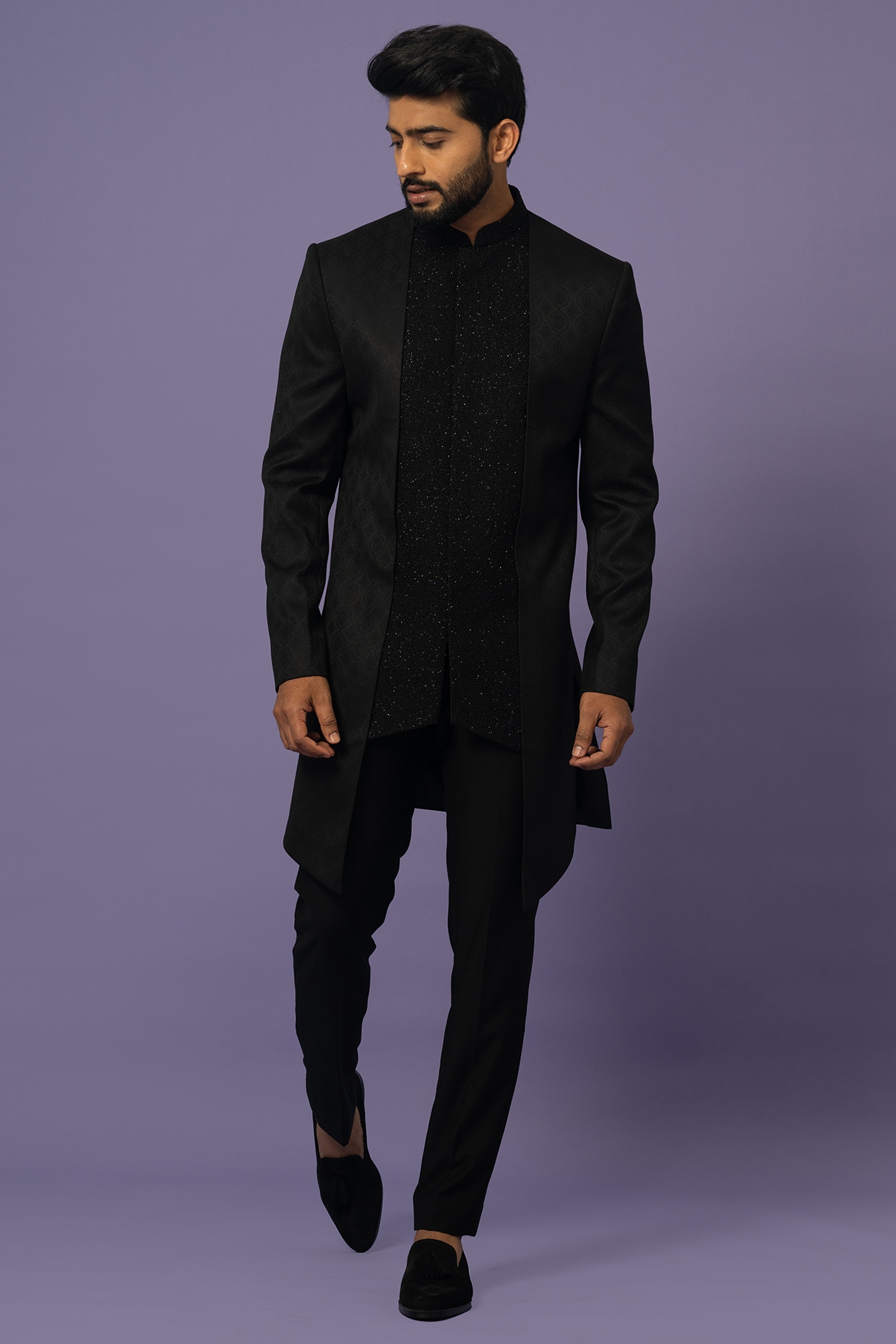 YOSEBA Black Suiting Achkan Jacket Set