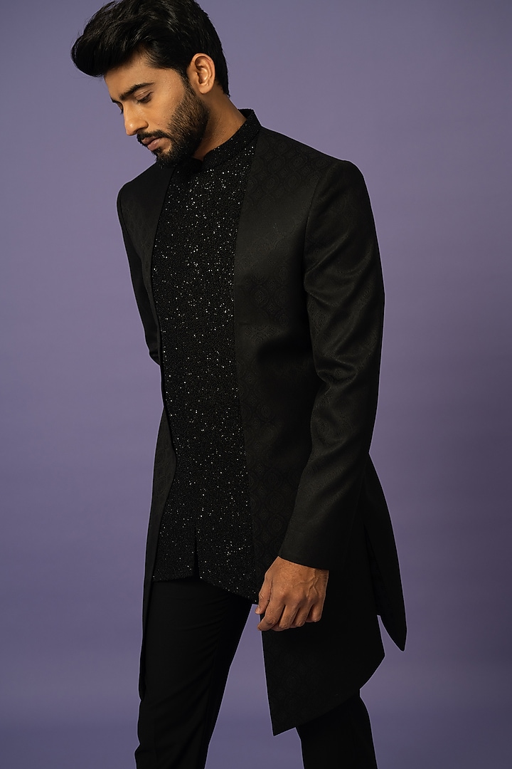 Black Suiting Achkan Jacket Set by YOSEBA at Pernia's Pop Up Shop