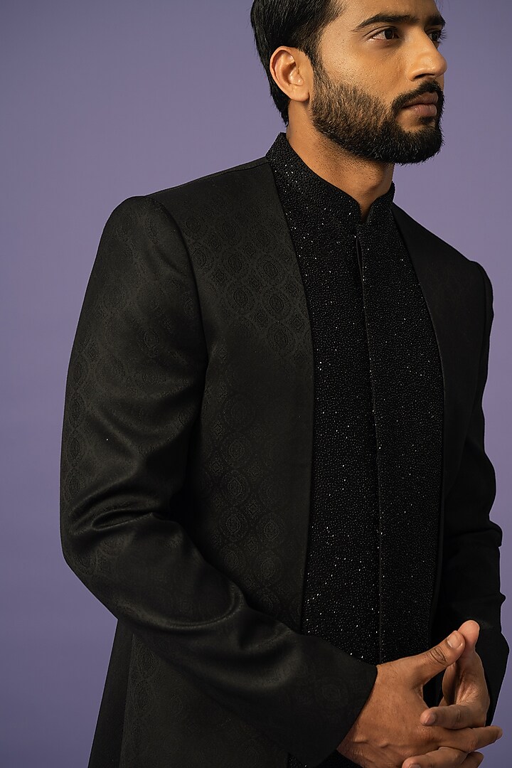 Black Suiting Achkan Jacket Set by YOSEBA at Pernia's Pop Up Shop