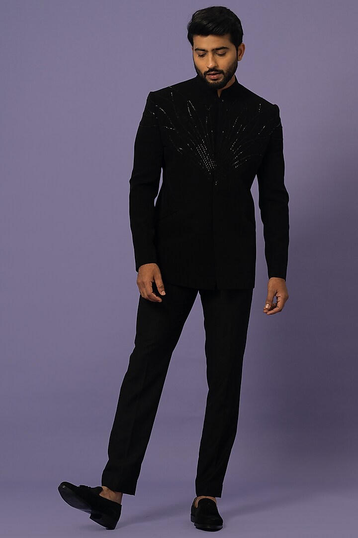Black Suiting Embellished Wedding Bandhgala Set by YOSEBA at Pernia's Pop Up Shop