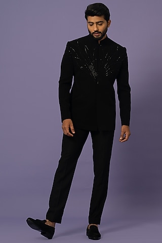 Black Suiting Embellished Bandhgala Set by YOSEBA