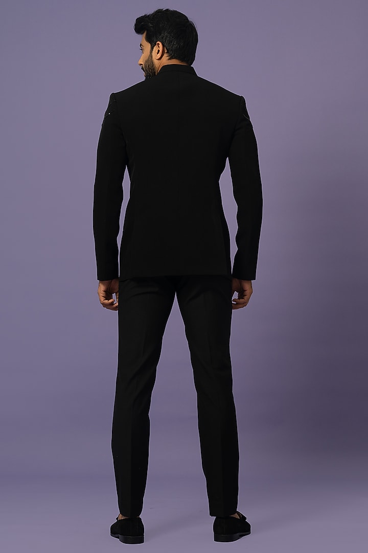 Black Suiting Embellished Wedding Bandhgala Set by YOSEBA at Pernia's Pop Up Shop