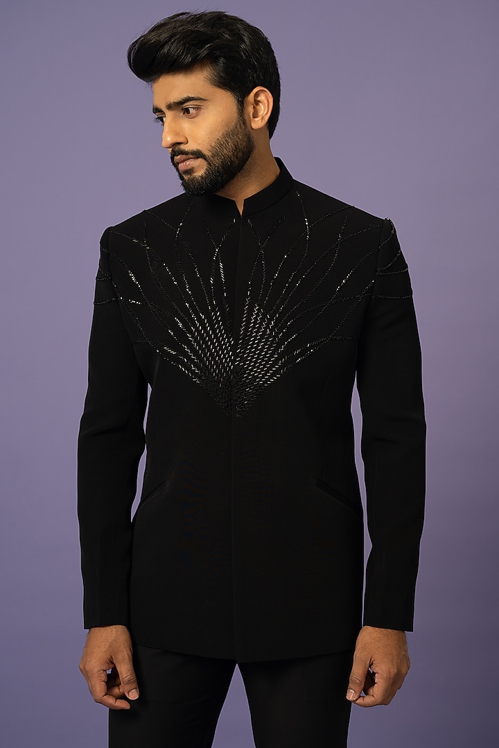 Black Suiting Embellished Wedding Bandhgala Set by YOSEBA at Pernia's Pop Up Shop