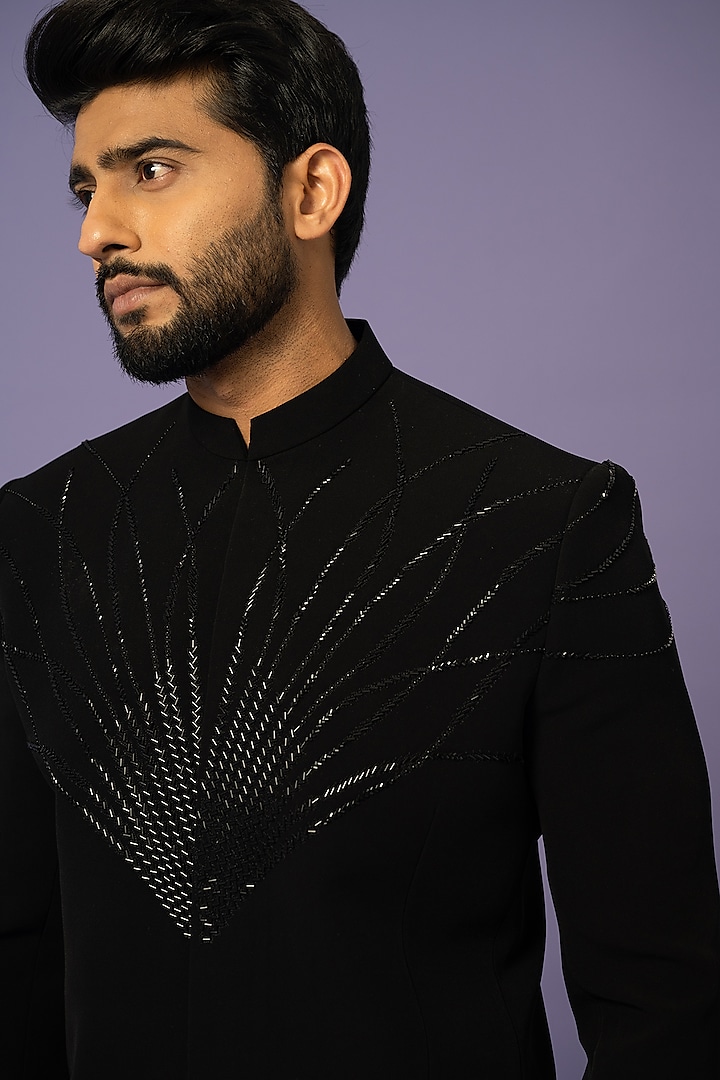 Black Suiting Embellished Wedding Bandhgala Set by YOSEBA at Pernia's Pop Up Shop