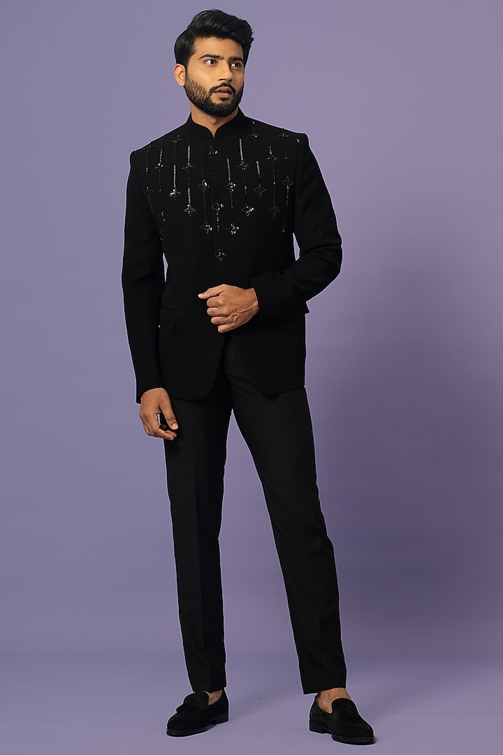 Black Suiting Embellished Wedding Bandhgala Set by YOSEBA at Pernia's Pop Up Shop