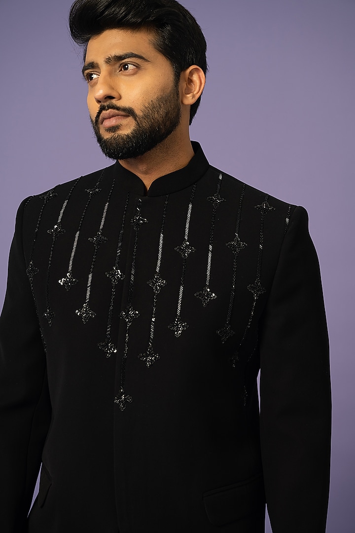 Black Suiting Embellished Wedding Bandhgala Set by YOSEBA at Pernia's Pop Up Shop