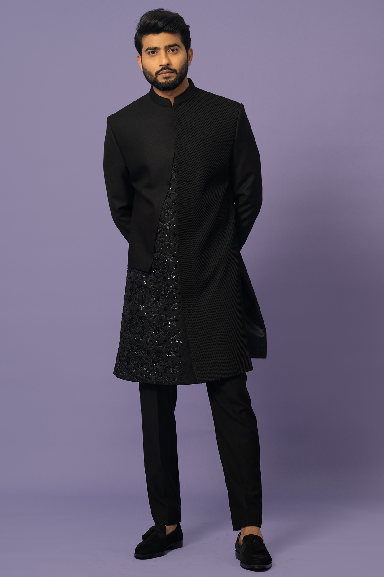 YOSEBA Black Suiting Embellished Achkan Jacket Set