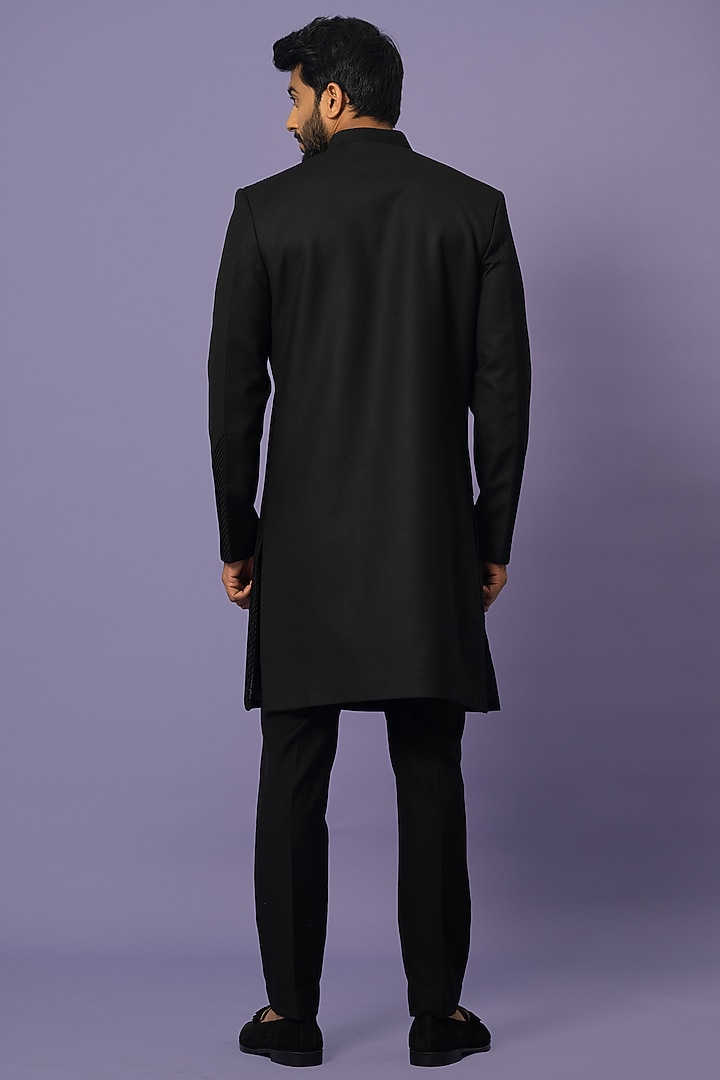 Black Suiting Embellished Achkan Jacket Set by YOSEBA at Pernia's Pop Up Shop