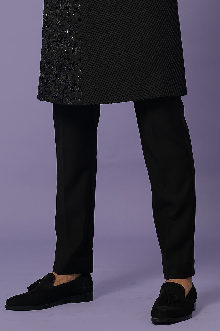Black Suiting Embellished Achkan Jacket Set by YOSEBA at Pernia's Pop Up Shop
