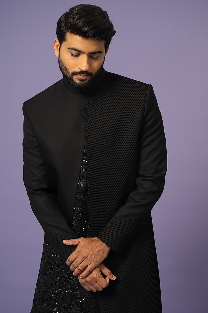 Black Suiting Embellished Achkan Jacket Set by YOSEBA at Pernia's Pop Up Shop