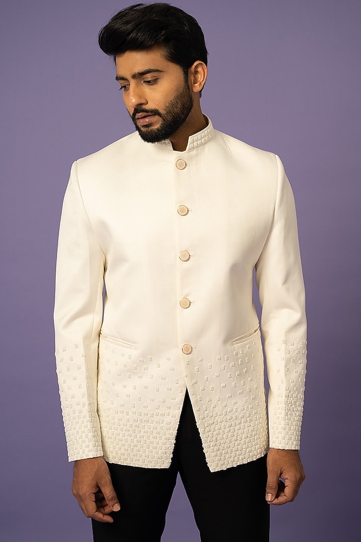 Ivory Suiting Embellished Wedding Bandhgala Set by YOSEBA at Pernia's Pop Up Shop