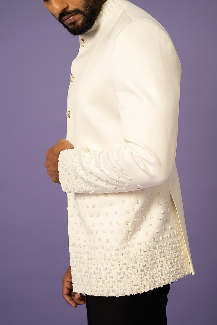 Ivory Suiting Embellished Wedding Bandhgala Set by YOSEBA at Pernia's Pop Up Shop